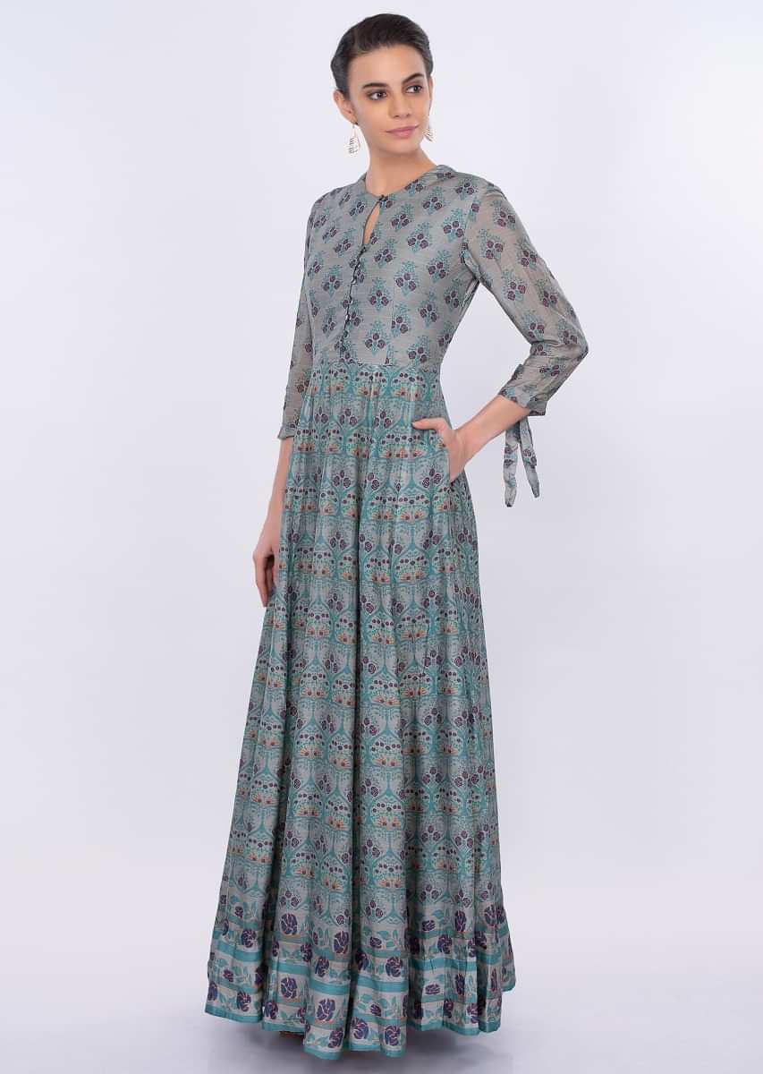 Turq blue cotton tunic dress in floral print only on Kalki