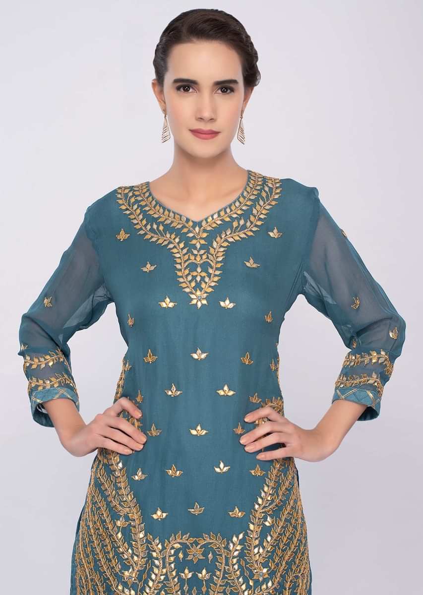 Turq Blue Sharara Suit Set With Gotta Patch Embroidery Online - Kalki Fashion
