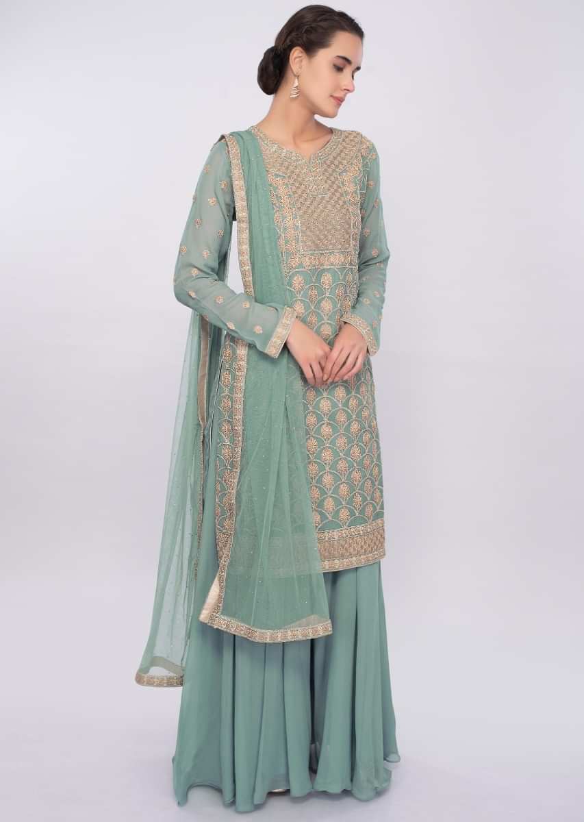 Turq Blue Palazzo Suit Set With Jaal Embroidery Online - Kalki Fashion
