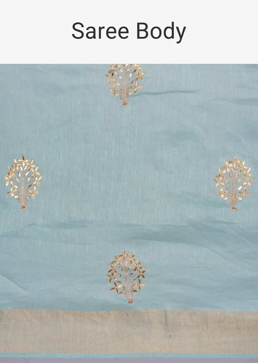 Turq blue linen saree with gotta patch butti only on Kalki