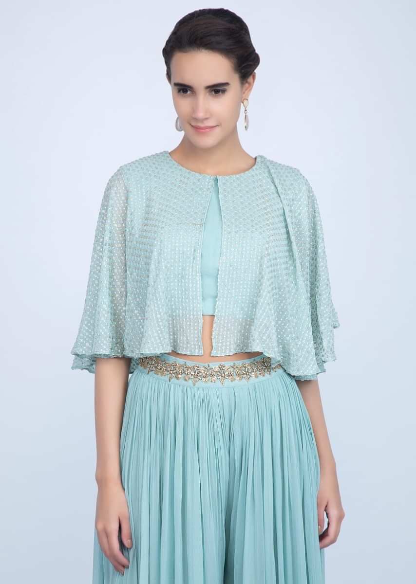 Turq blue palazzo with matching crop top with an attached top layer only on Kalki