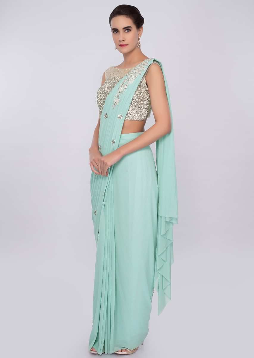Turq blue ready draped lycra saree with patch embroidered pallo only on Kalki