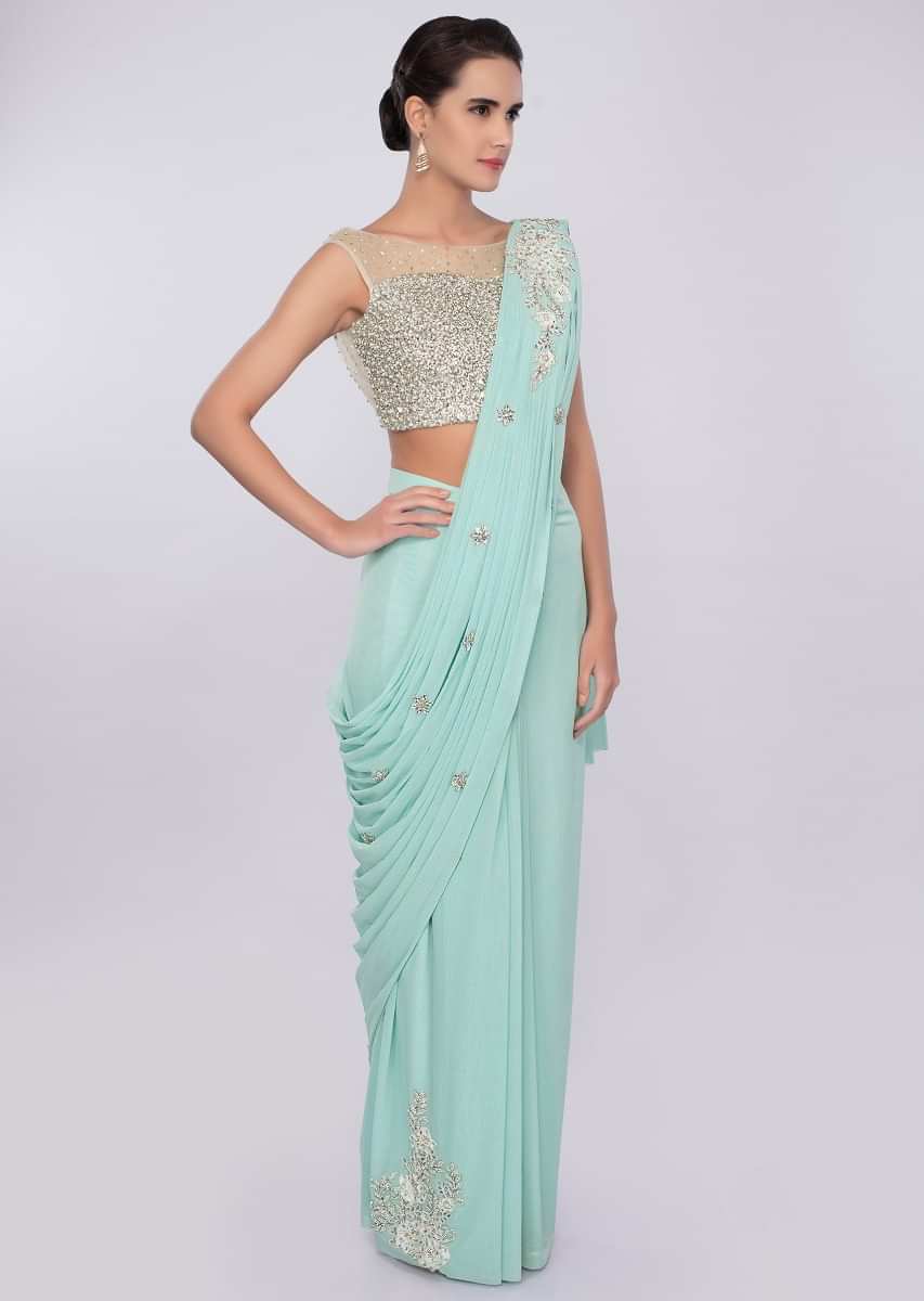 Turq blue ready draped lycra saree with patch embroidered pallo only on Kalki