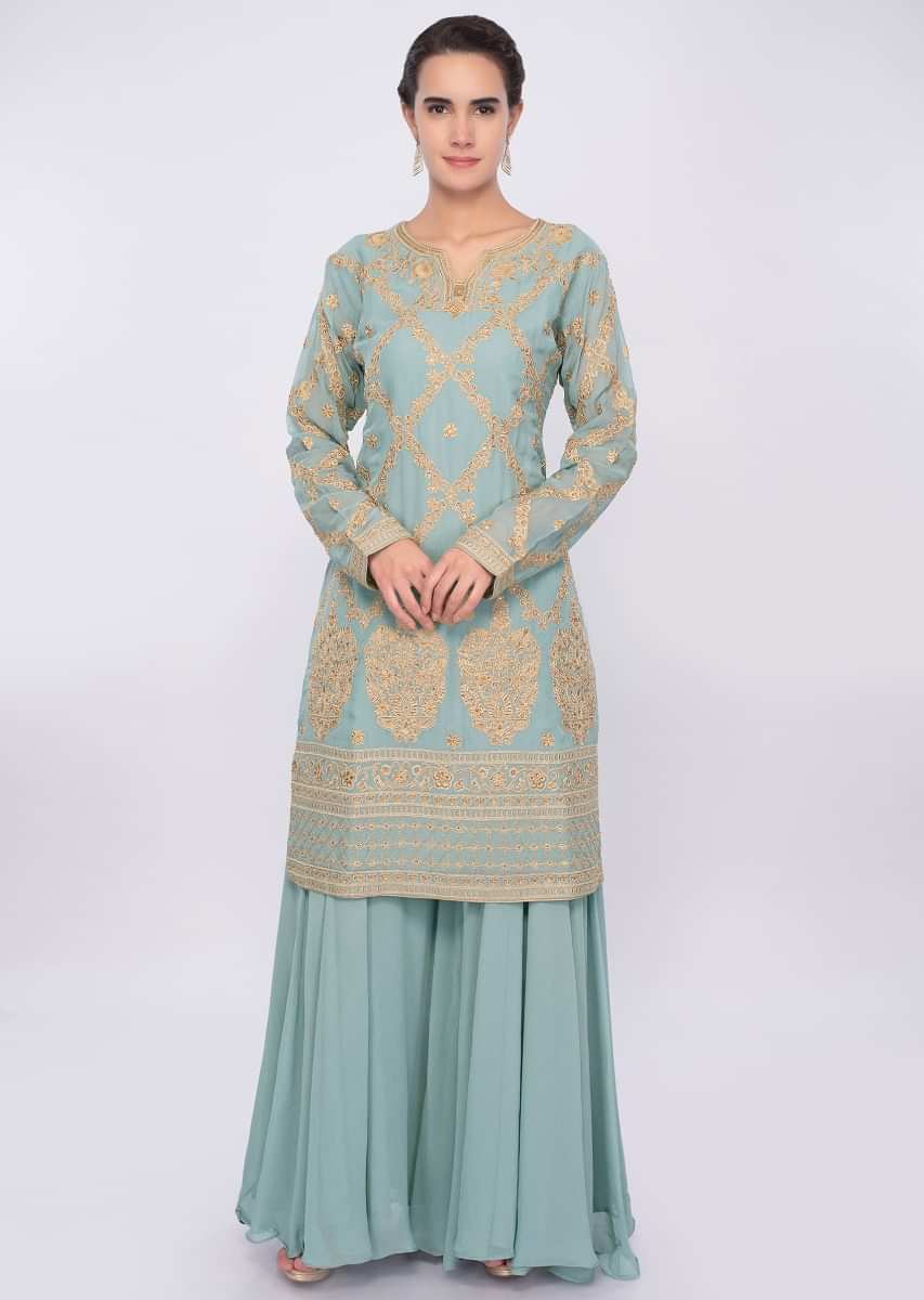 Turq Blue Palazzo Suit Embroidered In Resham And Kundan Online - Kalki Fashion