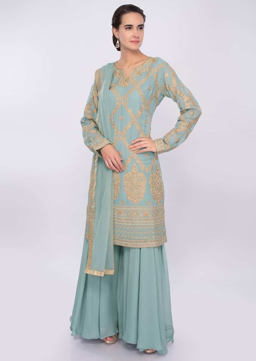 Turq Blue Palazzo Suit Embroidered In Resham And Kundan Online - Kalki Fashion