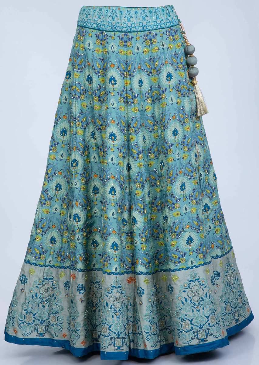 Turq Blue Lehenga In Shaded Cotton Silk With Patola Print And Green Organza Dupatta Online - Kalki Fashion