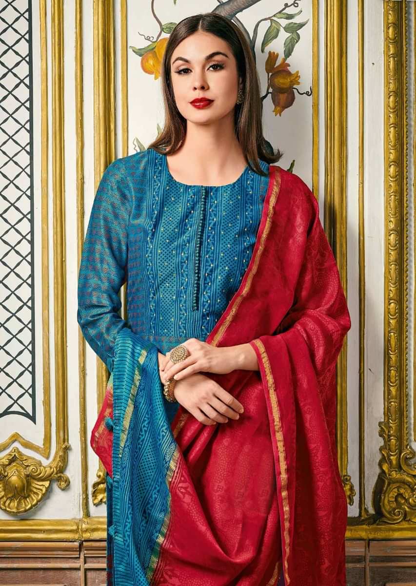 Turq Blue Straight Suit In Silk Adorn In Print And Sequin Highlighted Placket