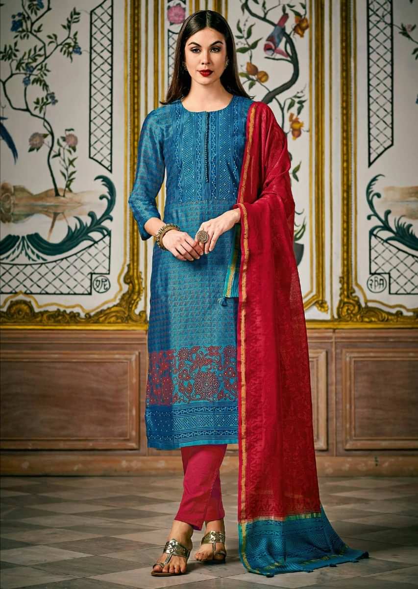 Turq Blue Straight Suit In Silk Adorn In Print And Sequin Highlighted Placket