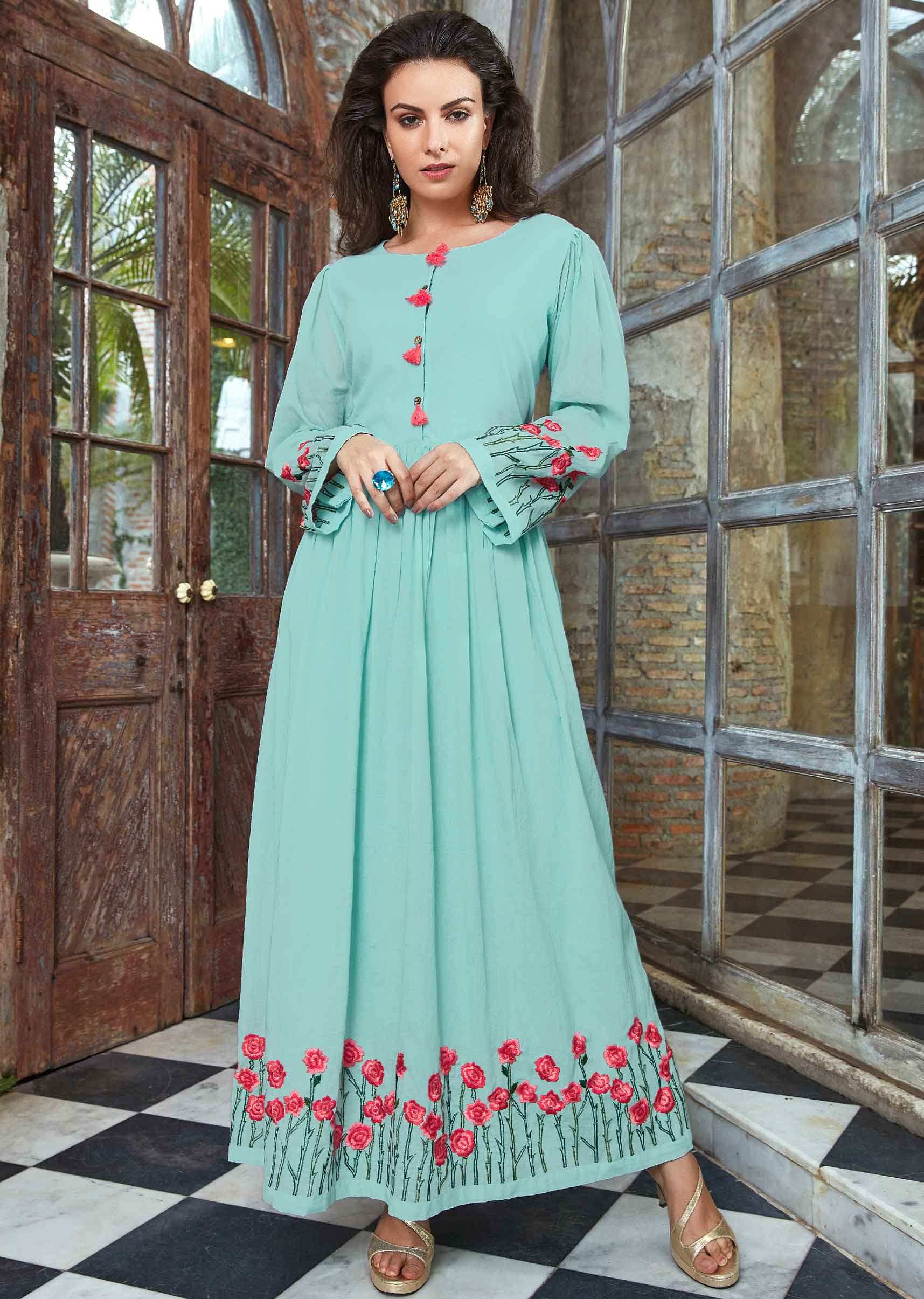 Turq green cotton tunic dress with gathers from the waistline 