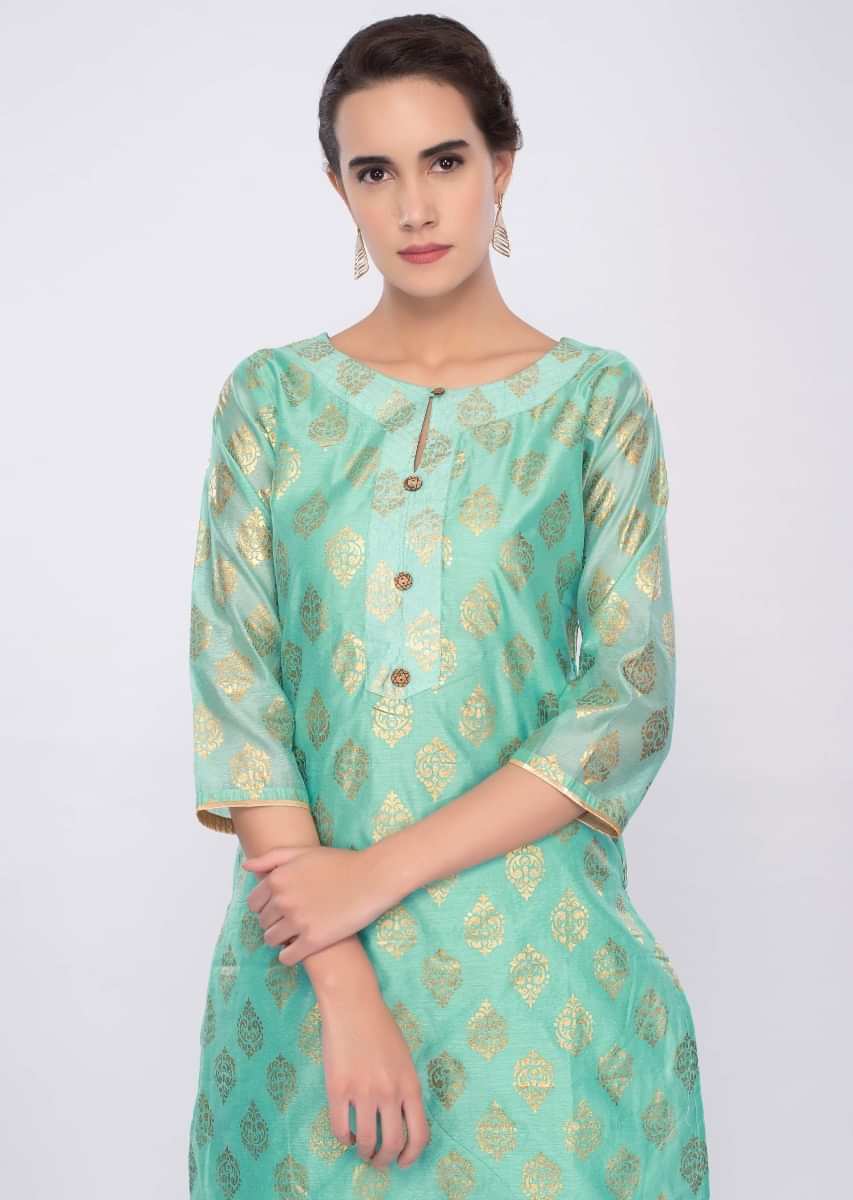 Turq green foil printed suit with crushed georgette palazzo only on Kalki