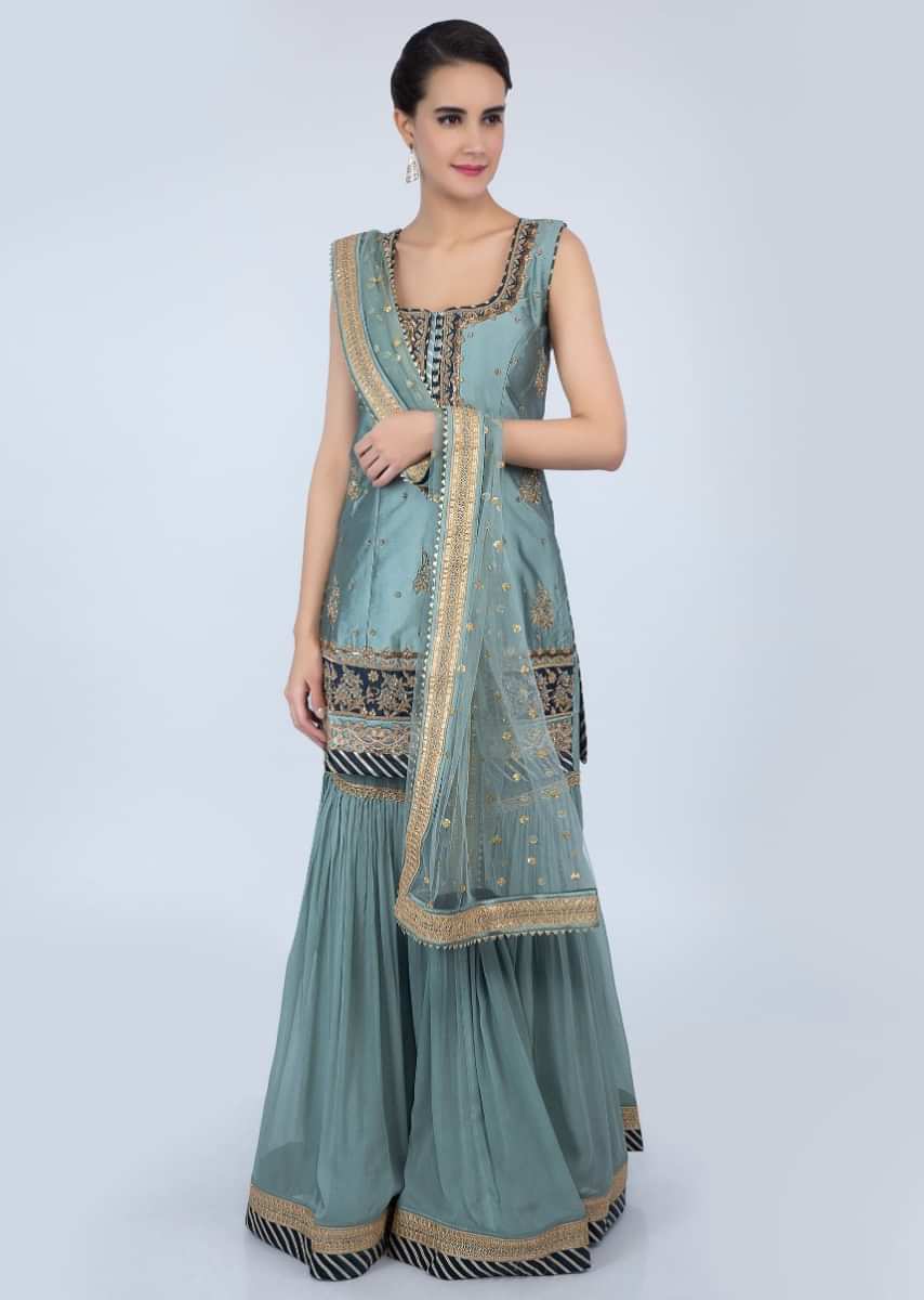 Turq green silk sharara suit set in floral embroidery and butti only on Kalki