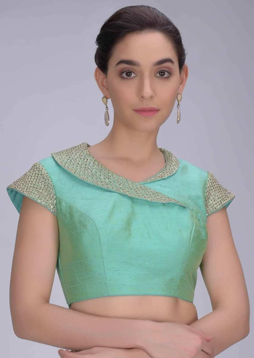 Buy Turq Green Blouse In Two Toned Raw Silk With Fancy Collar ...