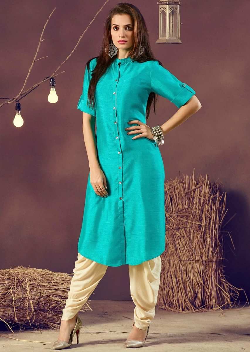 Turq long kurti in silk with shell buttons on placket 