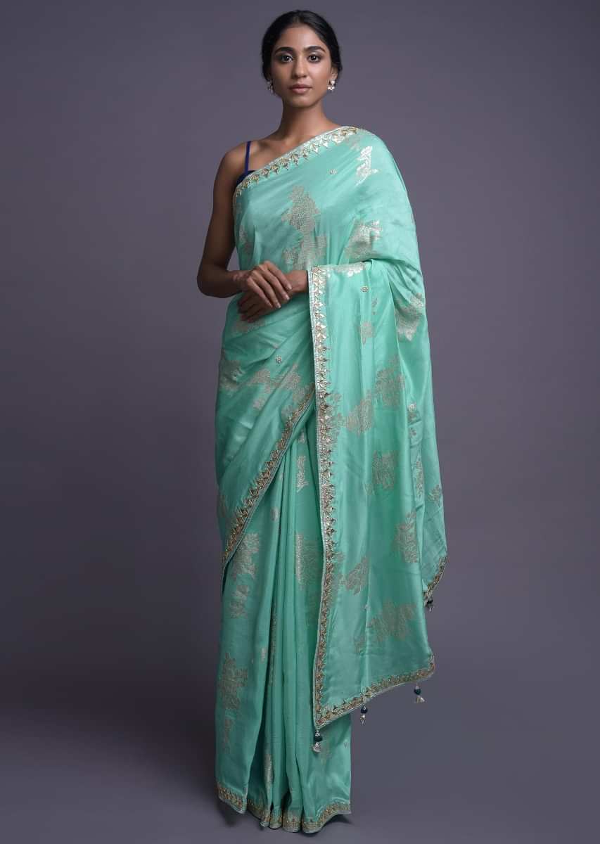 Buy Turq Saree In Silk With Weaved Floral Motifs And Gotta Work Online ...