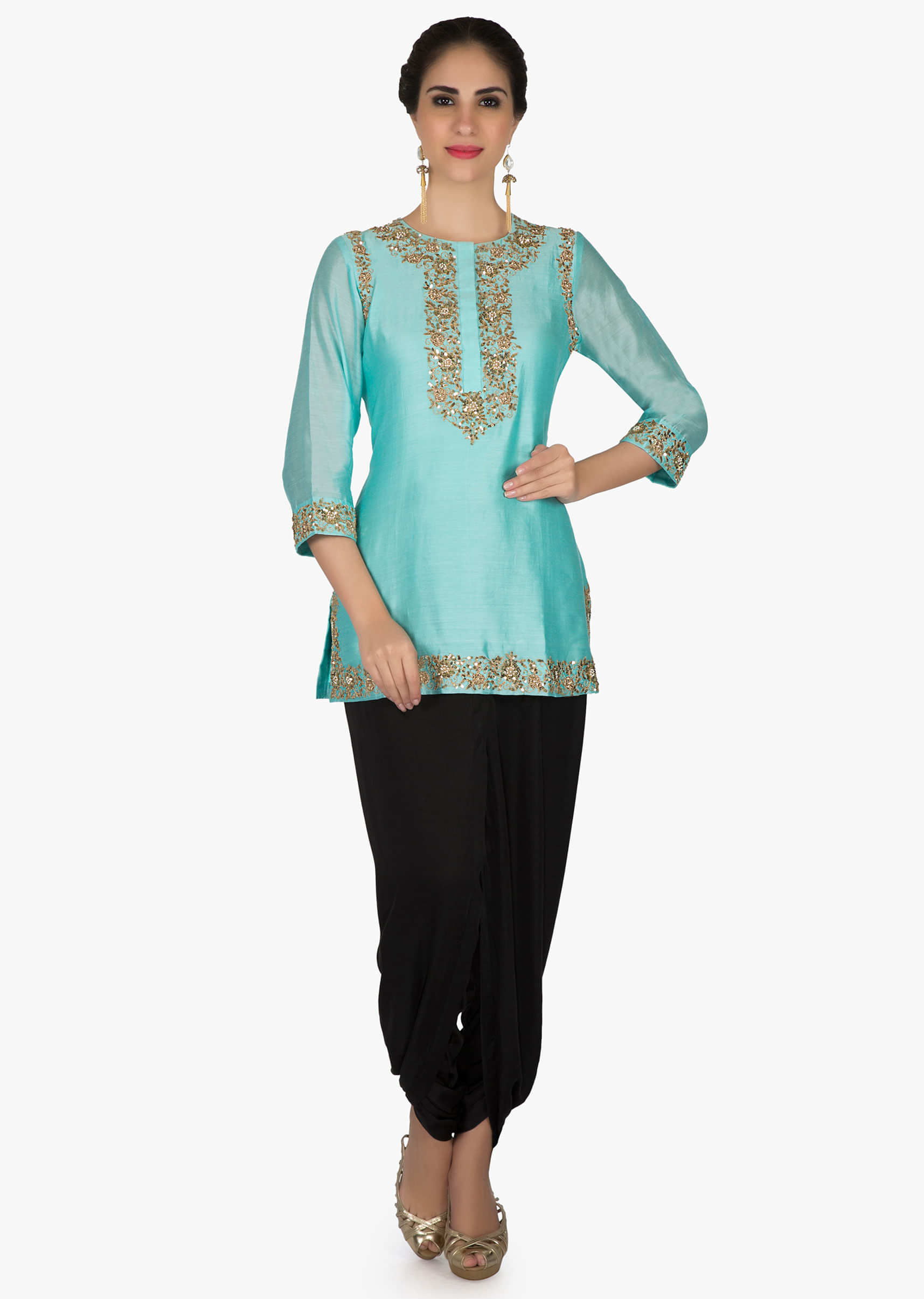 Turq suit in embroidered placket matched with dhoti pants only on Kalki