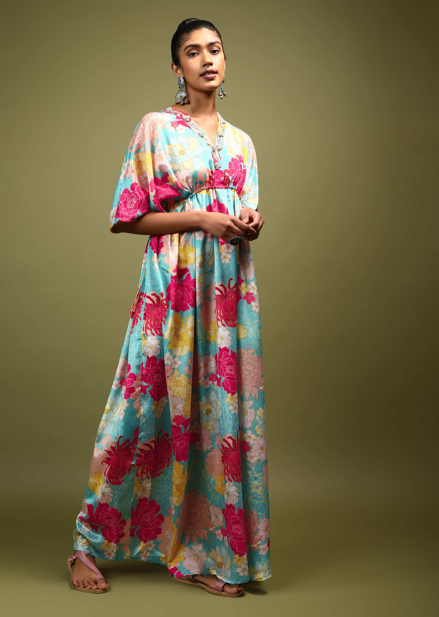 Turquoise Kaftan Dress In Crepe With Multi Colored Floral Print And Zardosi Embroidered Placket 