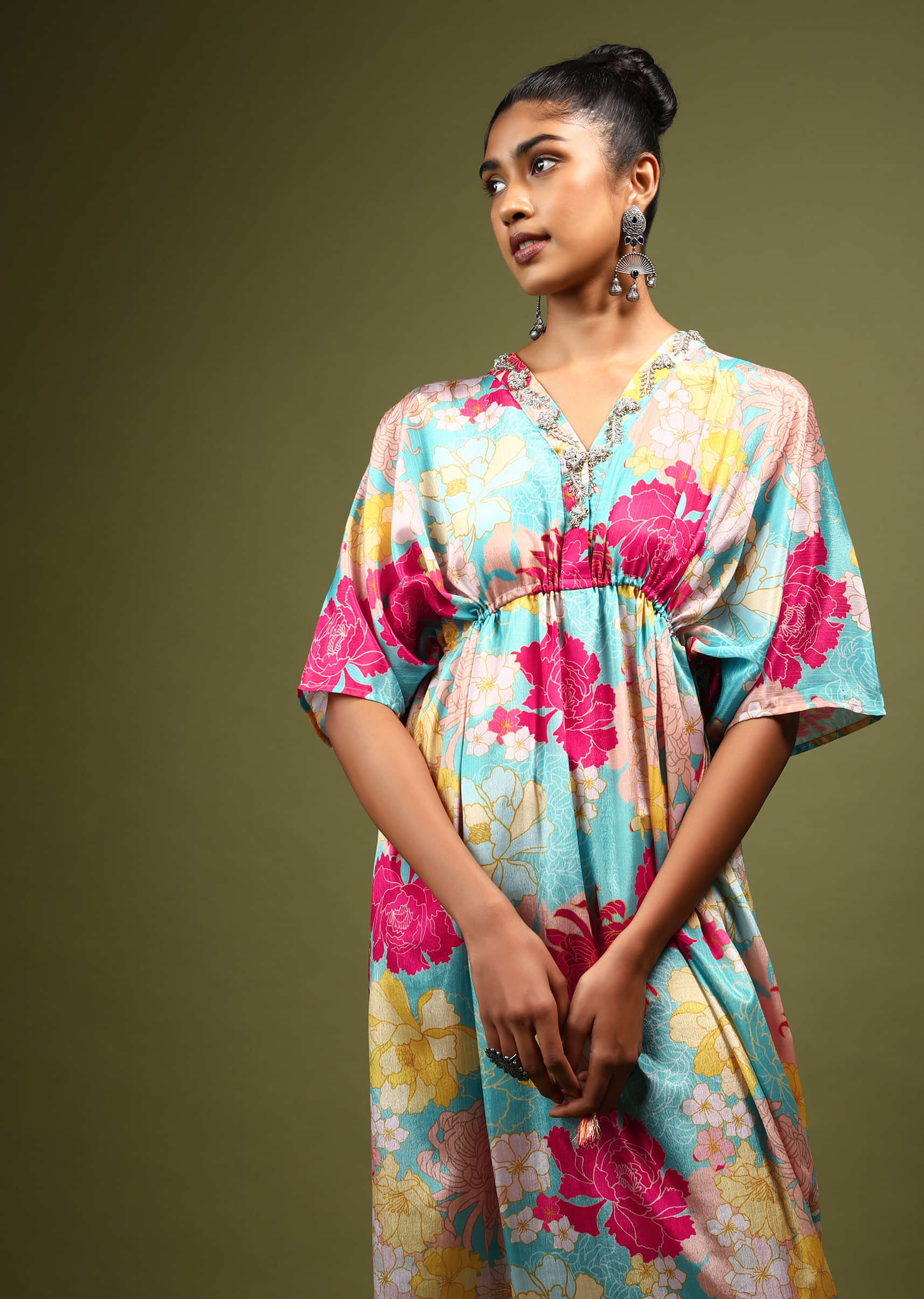 Turquoise Kaftan Dress In Crepe With Multi Colored Floral Print And Zardosi Embroidered Placket 