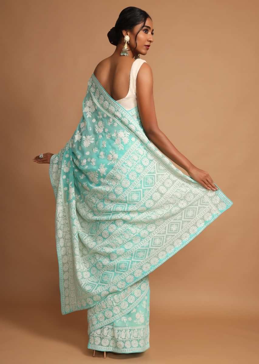 Turquoise Saree In Georgette With Lucknowi Thread Embroidered Floral Design