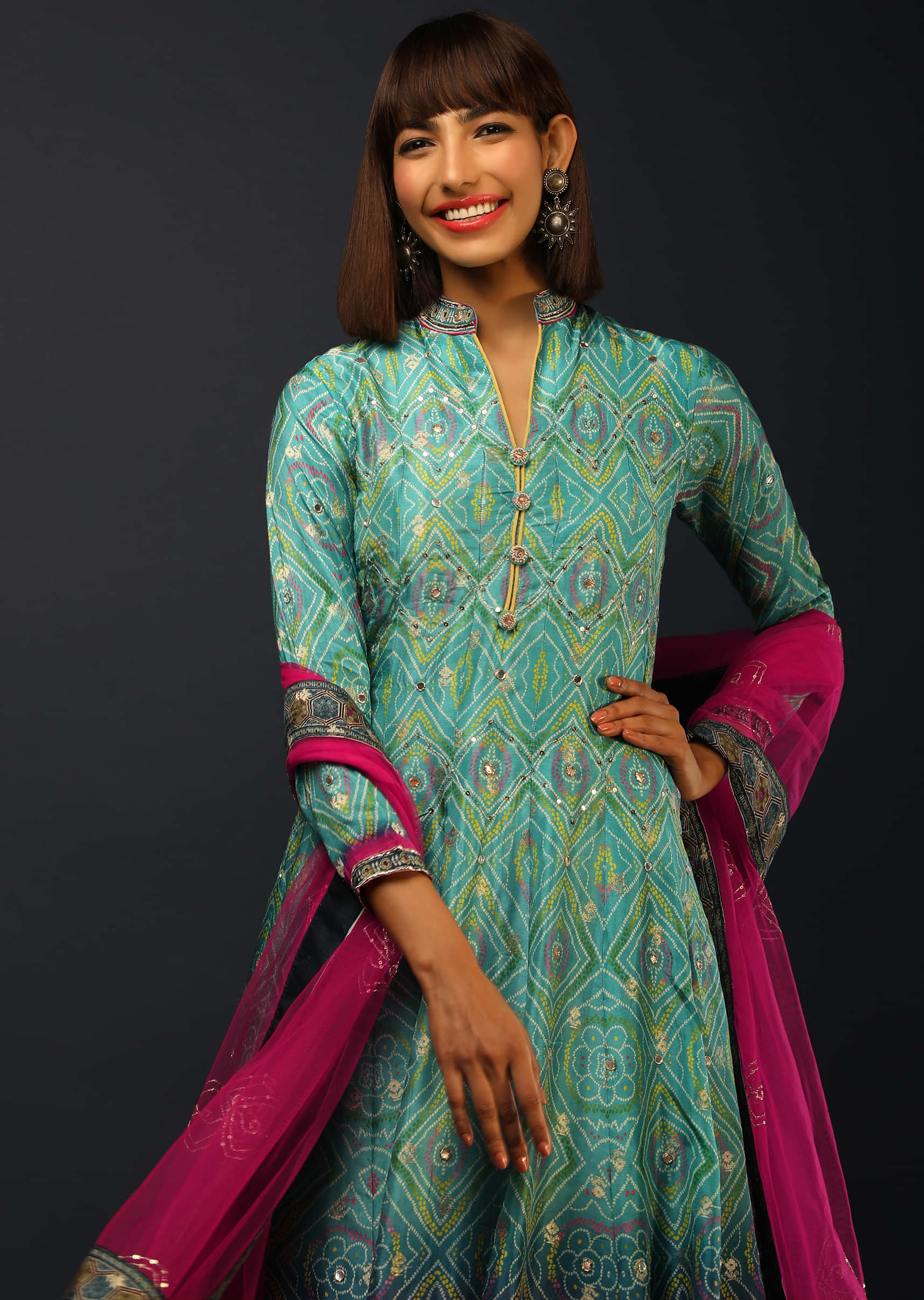Turquoise And Magenta Shaded Anarkali Suit In Brocade Silk With Bandhani Print  
