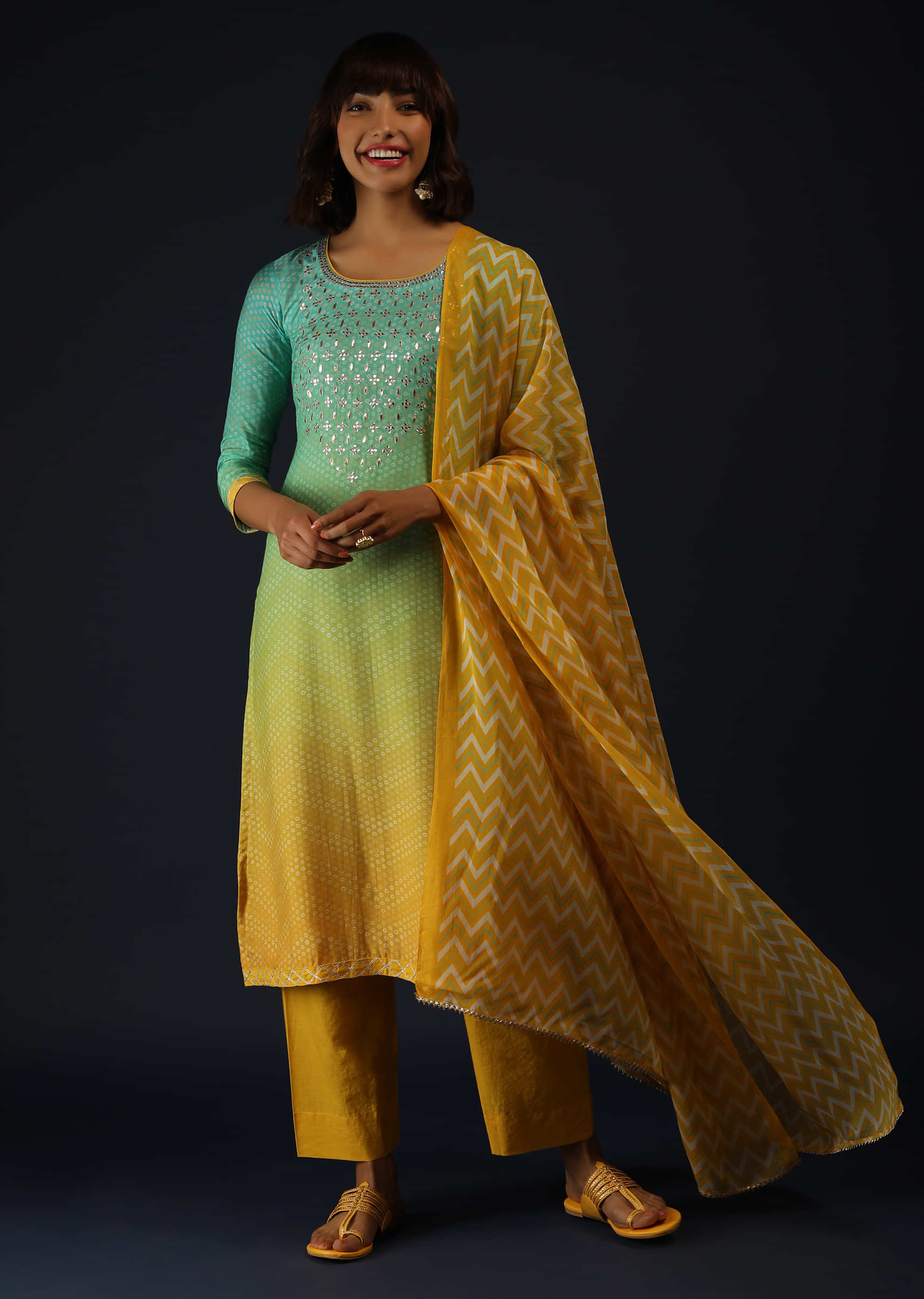 Turquoise And Yellow Shaded Palazzo Suit With Bandhani Print And Chevron Dupatta  