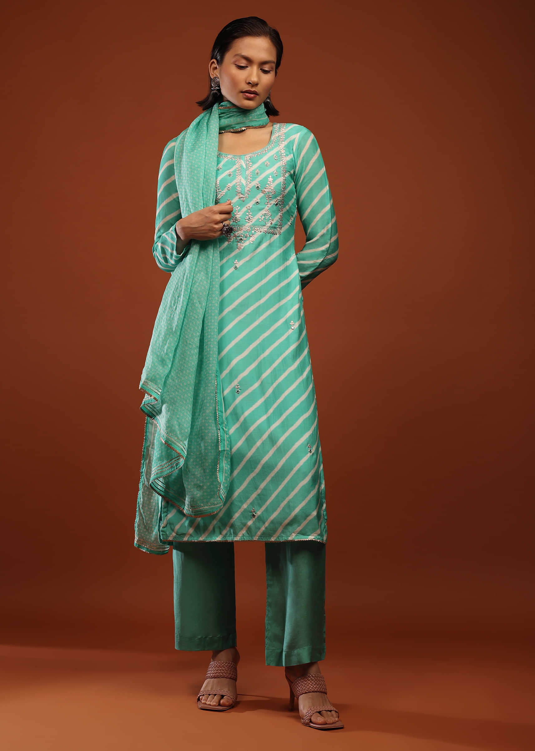 Sea Green Suit With Lehariya Print And Zari Embroidered Yoke Design