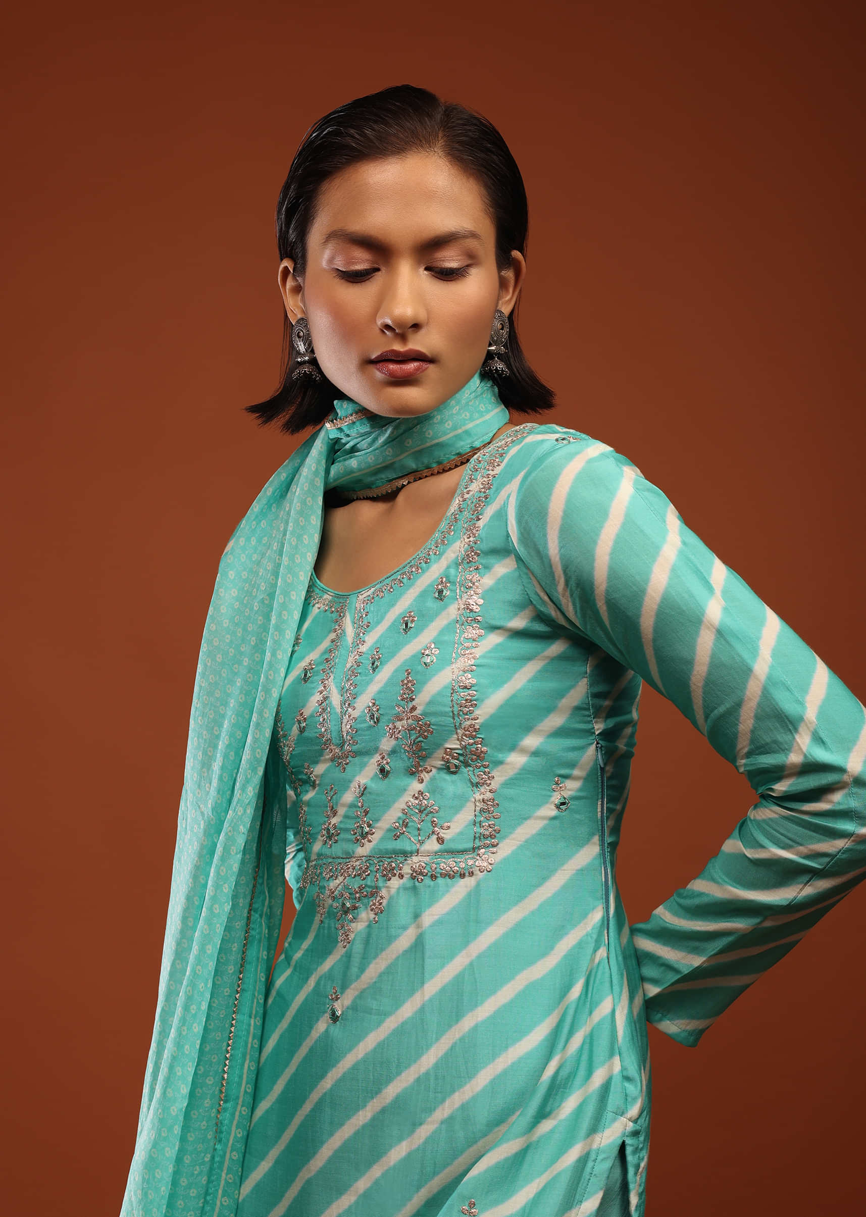 Sea Green Suit With Lehariya Print And Zari Embroidered Yoke Design