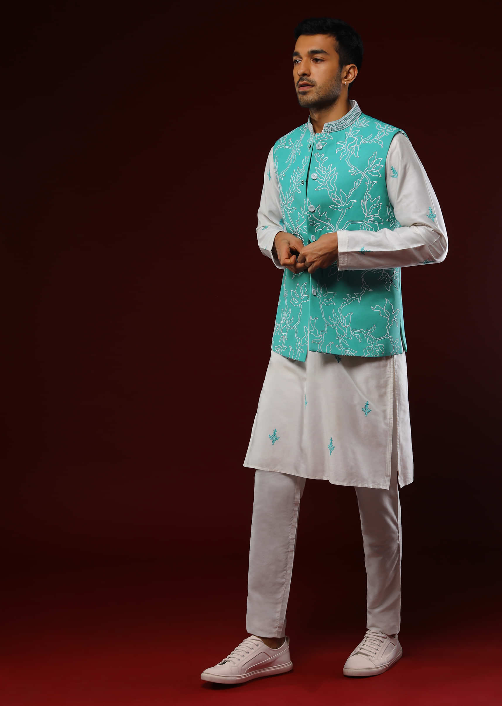 Turquoise Nehru Jacket With White Resham Embroidered Floral Jaal And Daisy White Kurta Set
