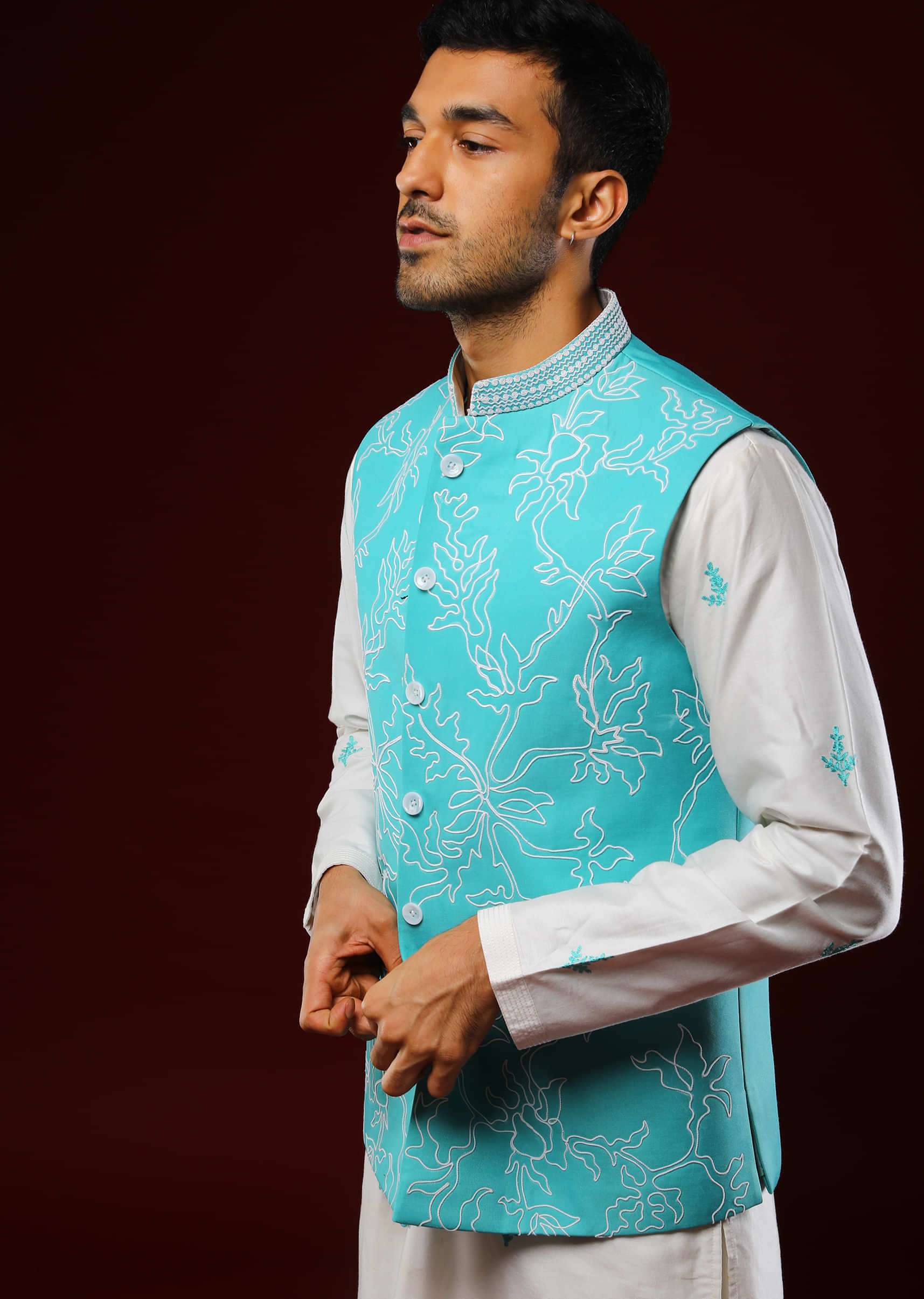 Turquoise Nehru Jacket With White Resham Embroidered Floral Jaal And Daisy White Kurta Set