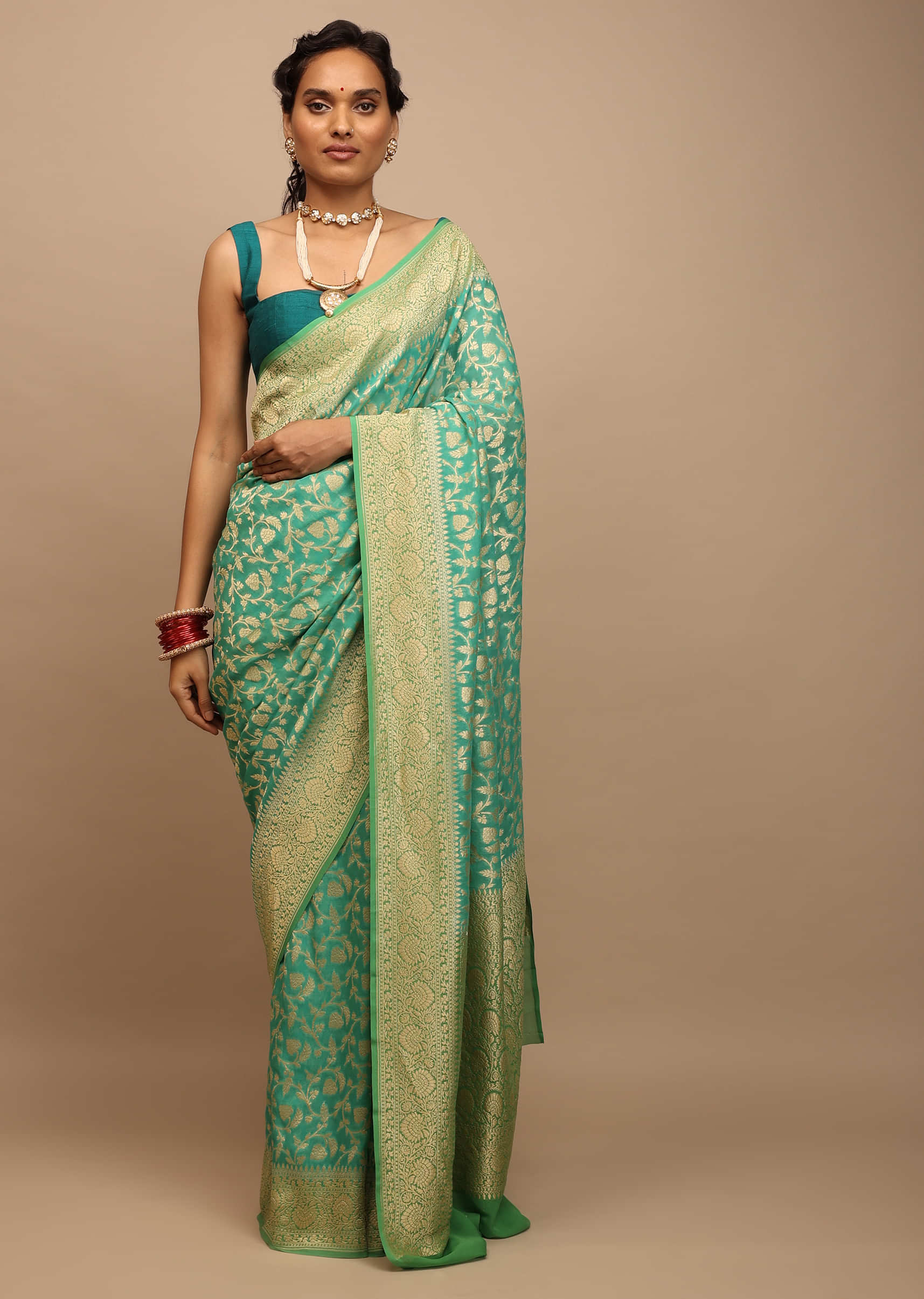 Turquoise Green Saree In Georgette With Woven Floral Jaal