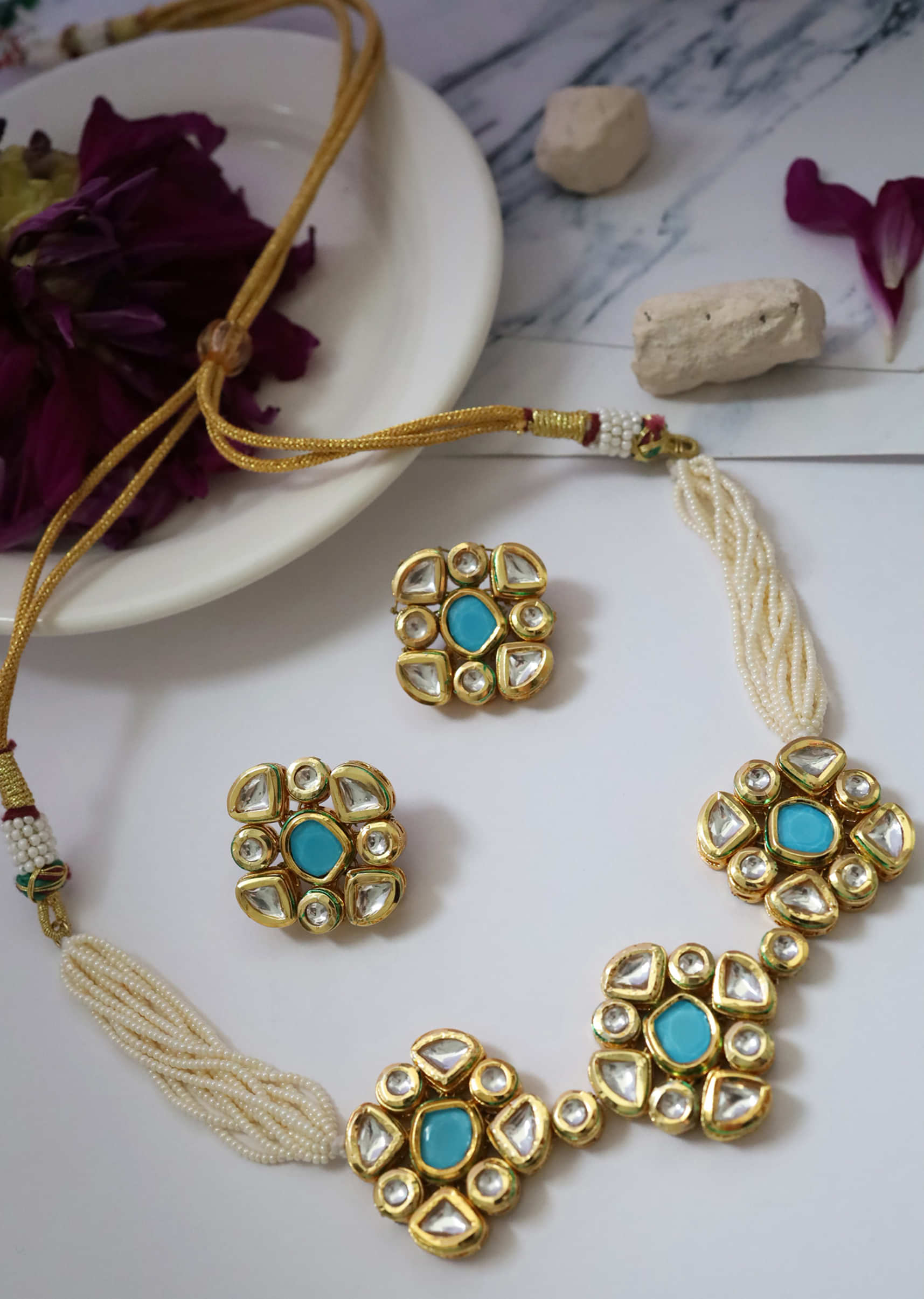 Turquoise Stone Choker And Earrings Set With Floral Kundan And Pearl Strings By Paisley Pop