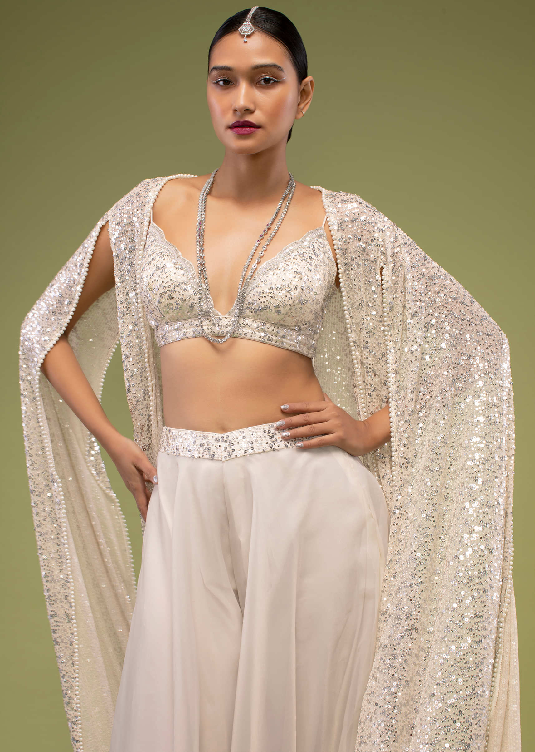 Turtledove White Sharara Suit In Sequins Embroidery, Paired With A Long Embroidery Cape