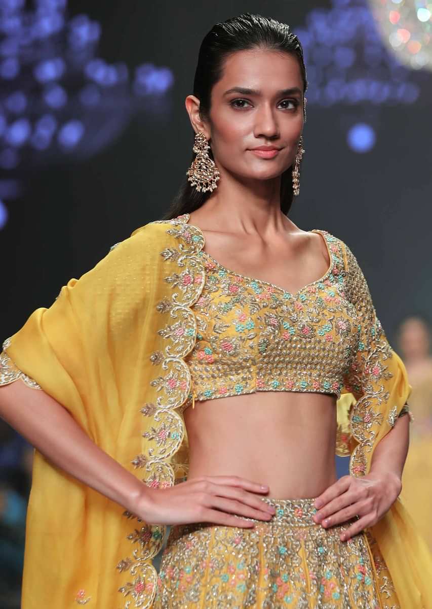 Mellow Yellow Lehenga Choli With Hand Embroidered Floral Jaal And Moroccan Pattern 