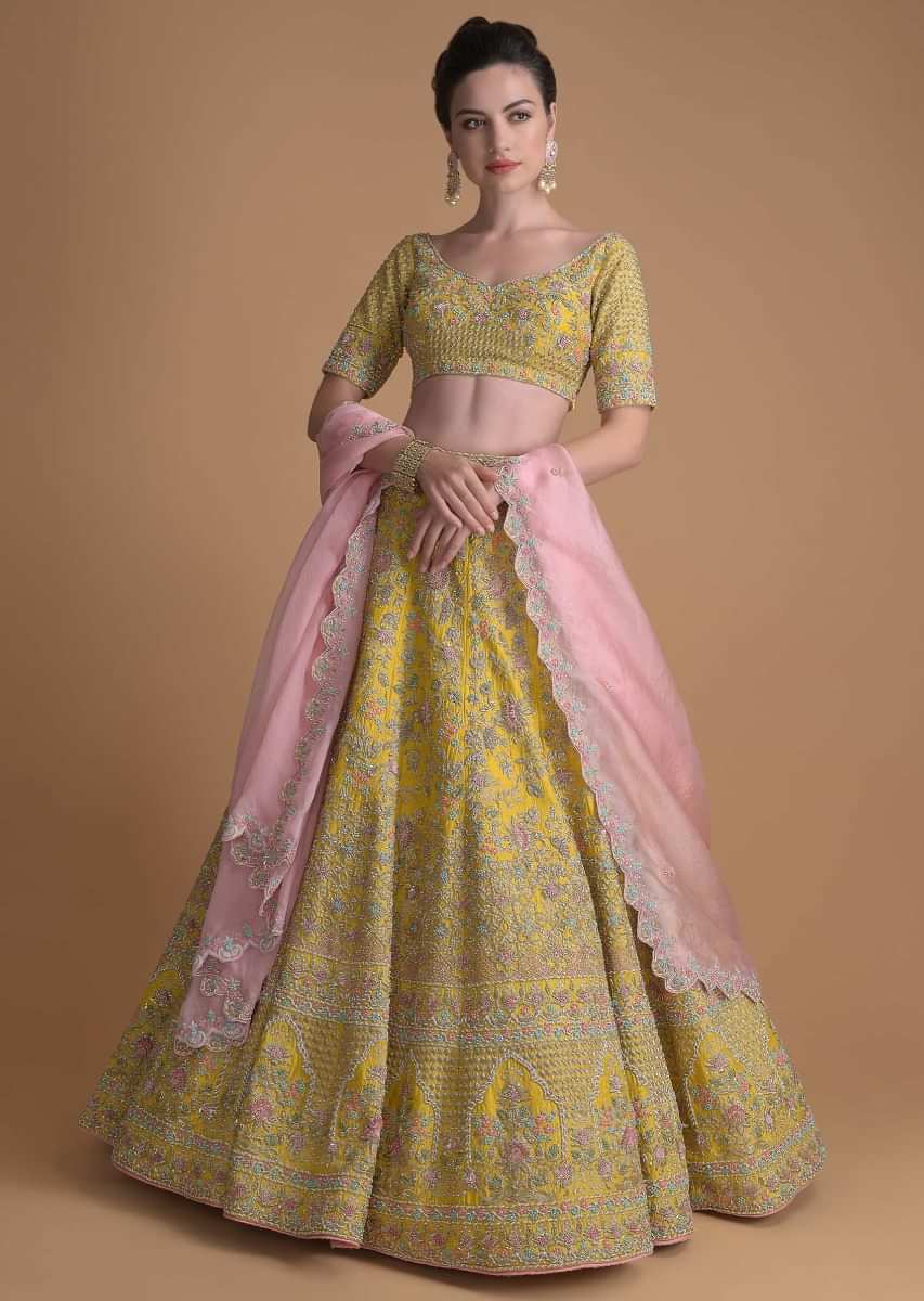 Mellow Yellow Lehenga Choli With Hand Embroidered Floral Jaal And Moroccan Pattern 