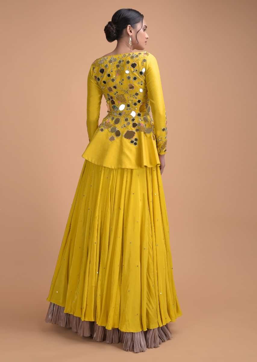 Sunset Yellow Peplum Top With Flower And Leaf Cut Mirror Work And Matching Lehenga 