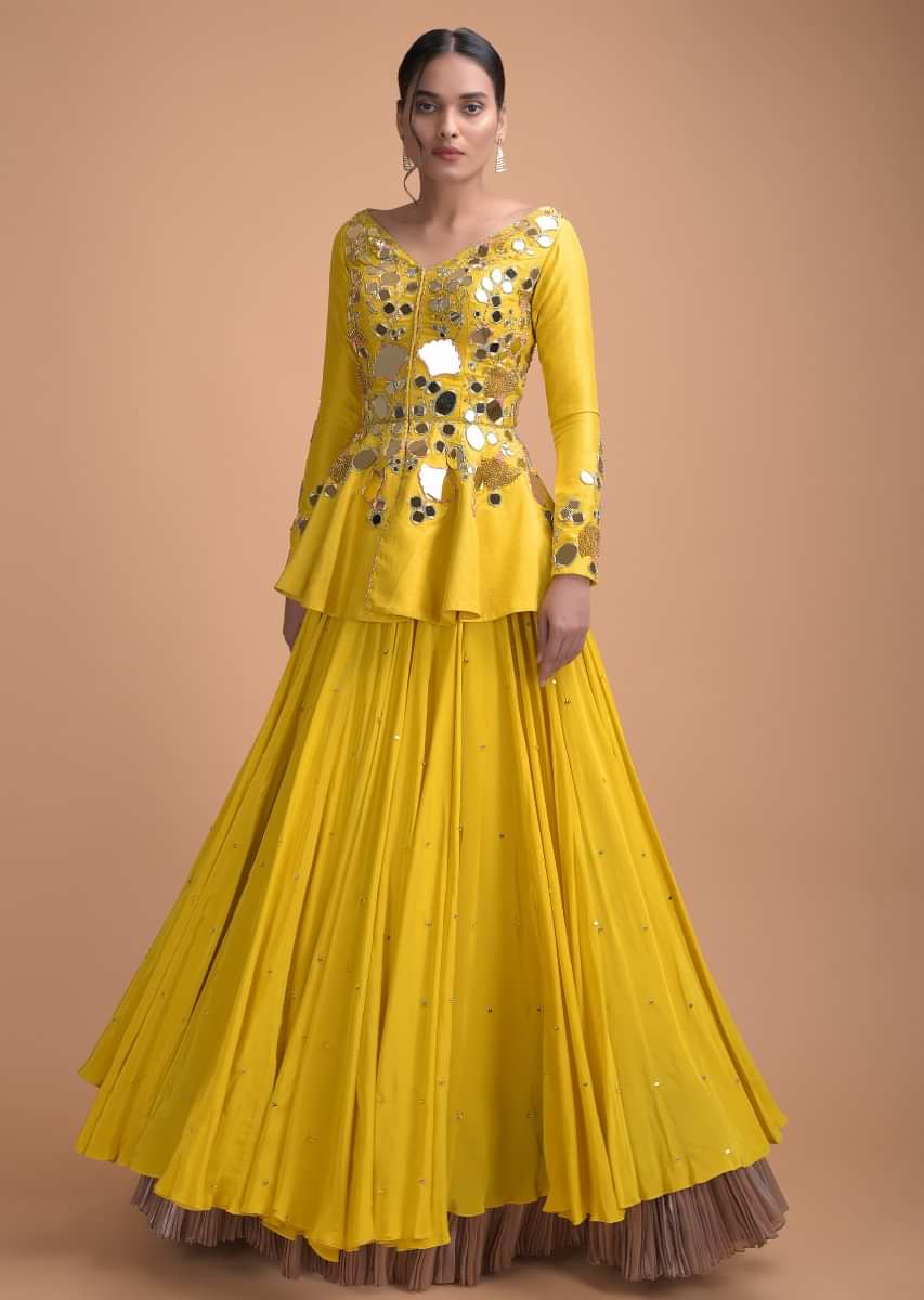 Sunset Yellow Peplum Top With Flower And Leaf Cut Mirror Work And Matching Lehenga 