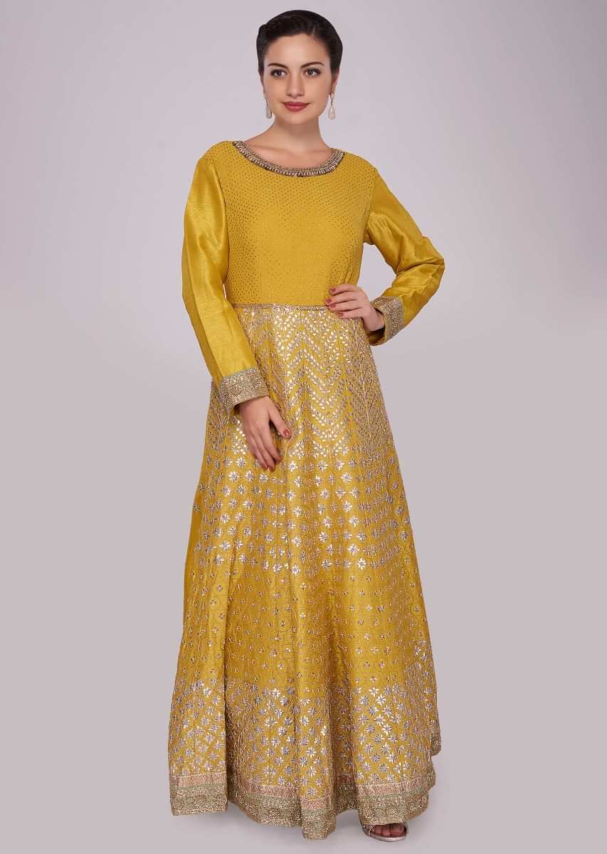 Tuscan yellow anarkali suit with kali embellished in gotta patch ...