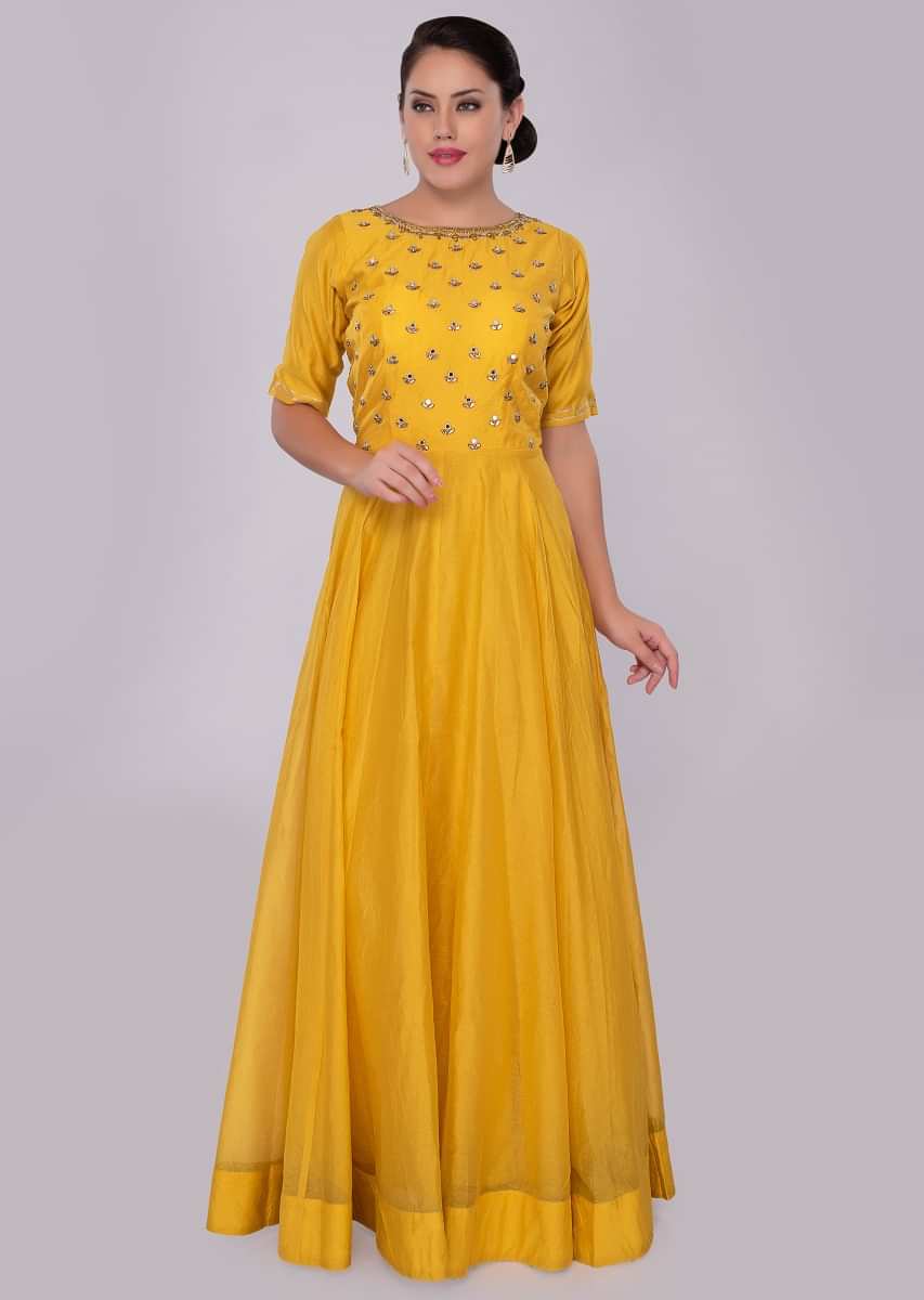 Tuscan yellow cotton anarkali dress with contrasting cream weaved dupatta 