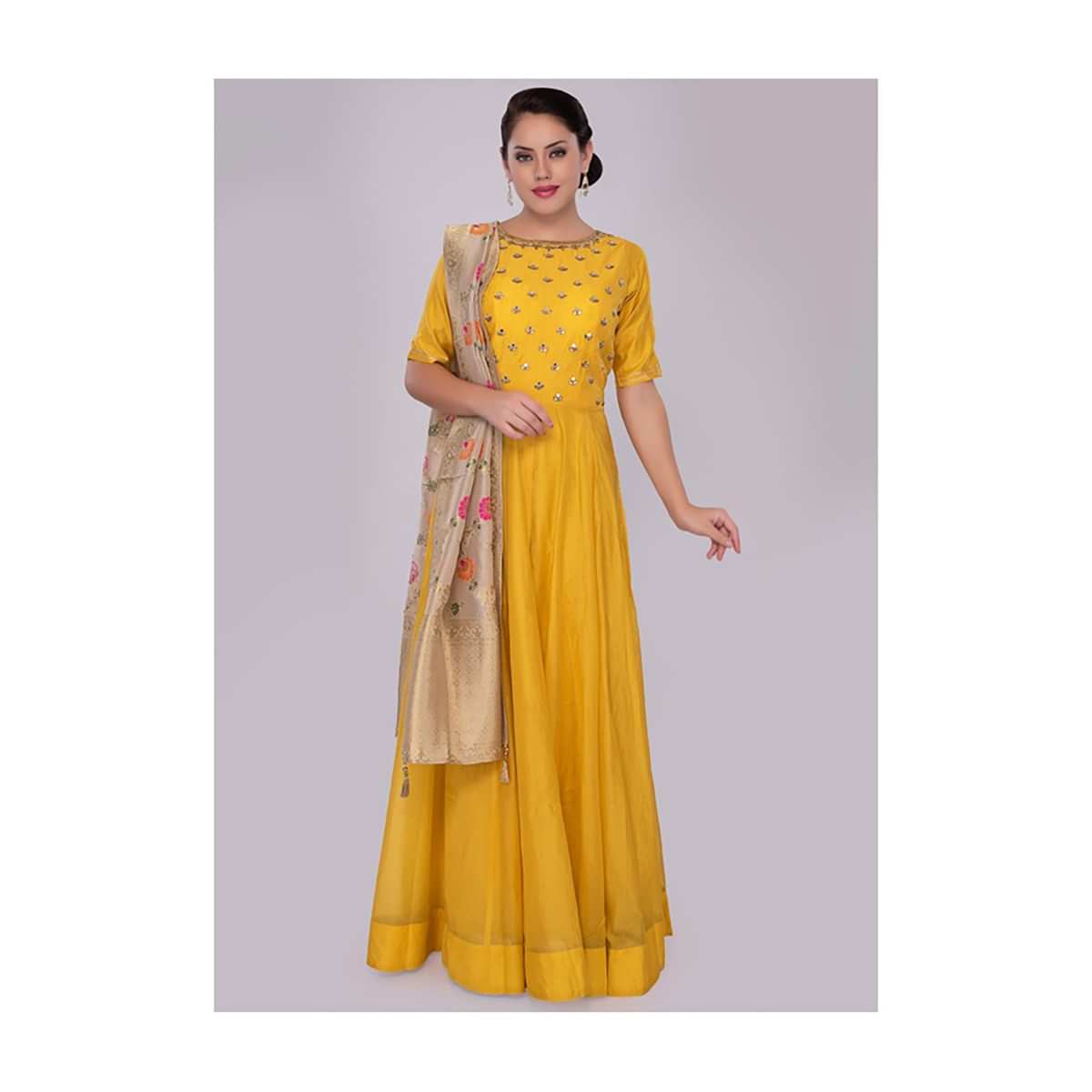 Tuscan yellow chanderi cotton silk anarkali dress with contrasting cream weaved dupatta only on kalki