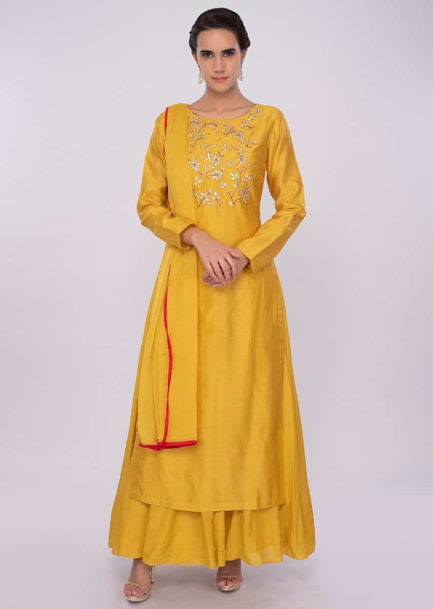 Buy Tuscan Yellow Three Piece Suit In Cotton Silk With Gotta Patti Work ...