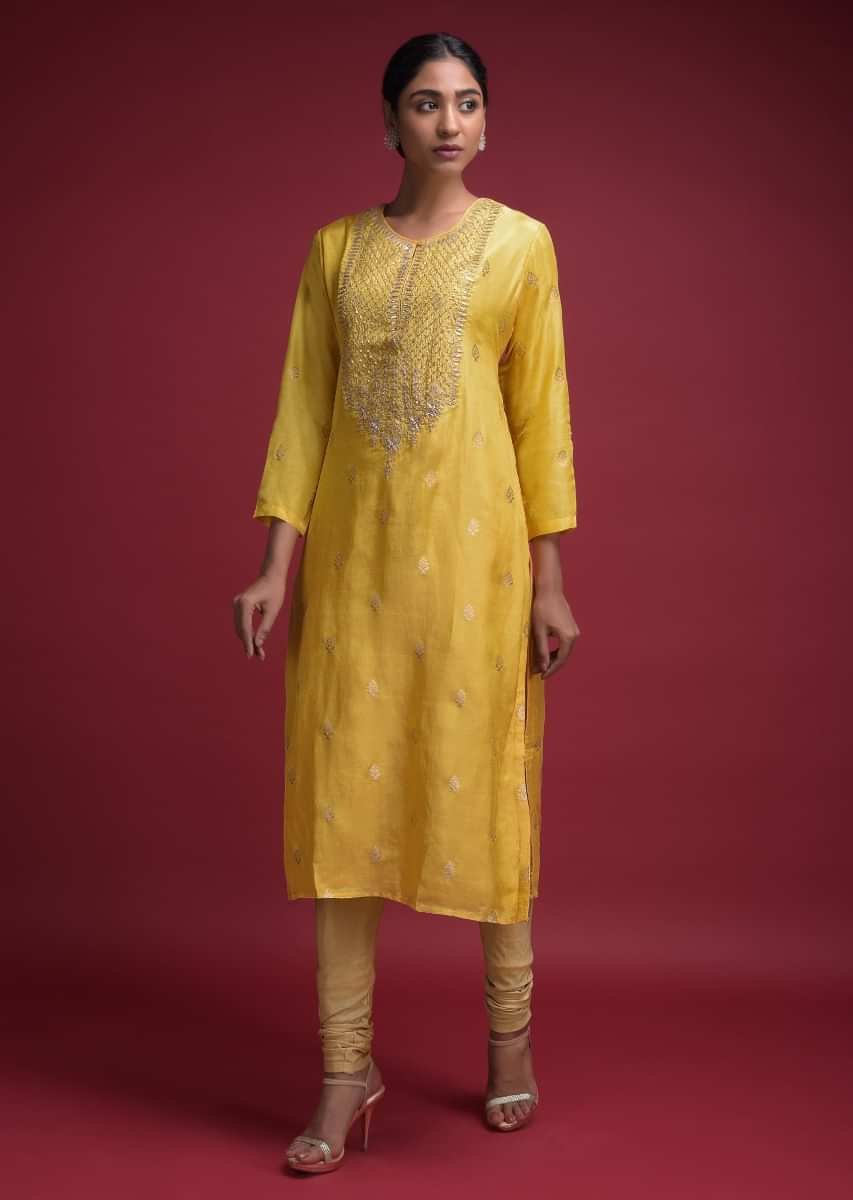 Buy Tuscan Yellow Kurti In Cotton Silk With Weaved Buttis And Gotta ...