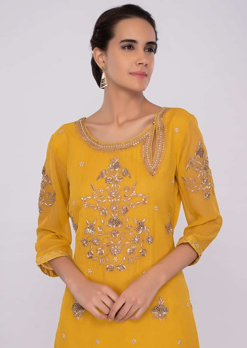 Tuscan Yellow Palazzo Suit Set With Embroidery Online - Kalki Fashion