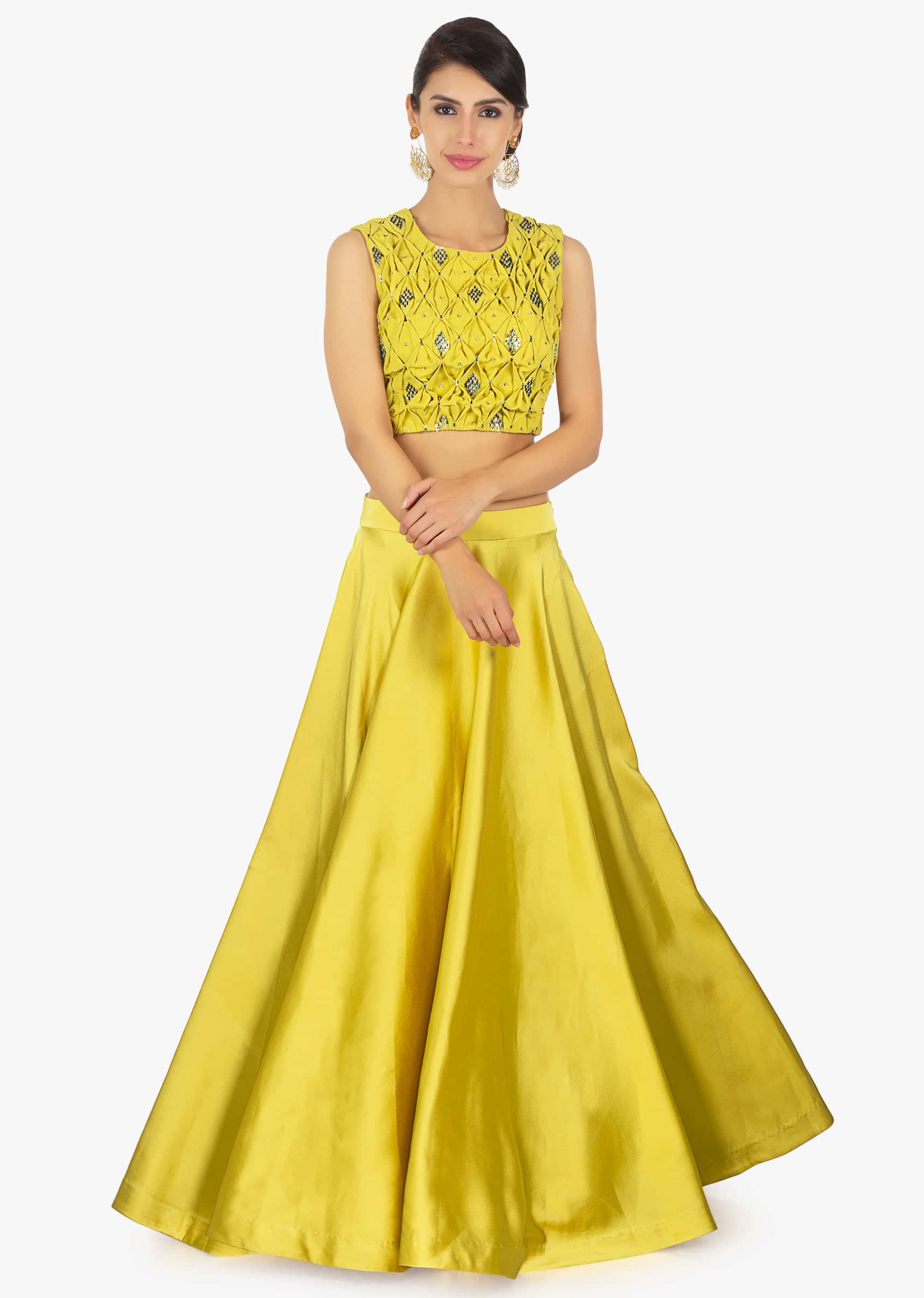 Tuscan yellow satin skirt paired with matching georgette smocked  blouse