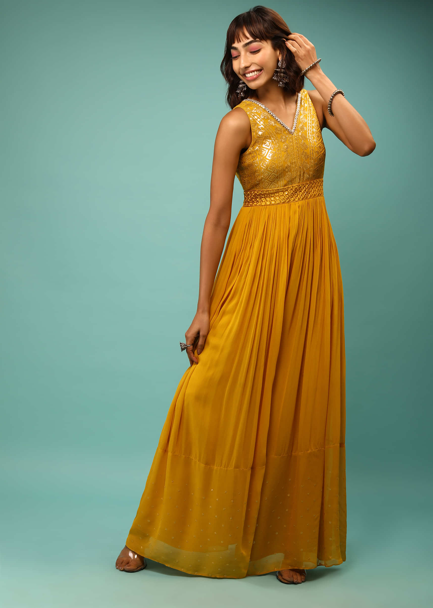 Tuscan Yellow Jumpsuit In Georgette With Sequins Embroidered Bodice And Pear Edged V Neckline 