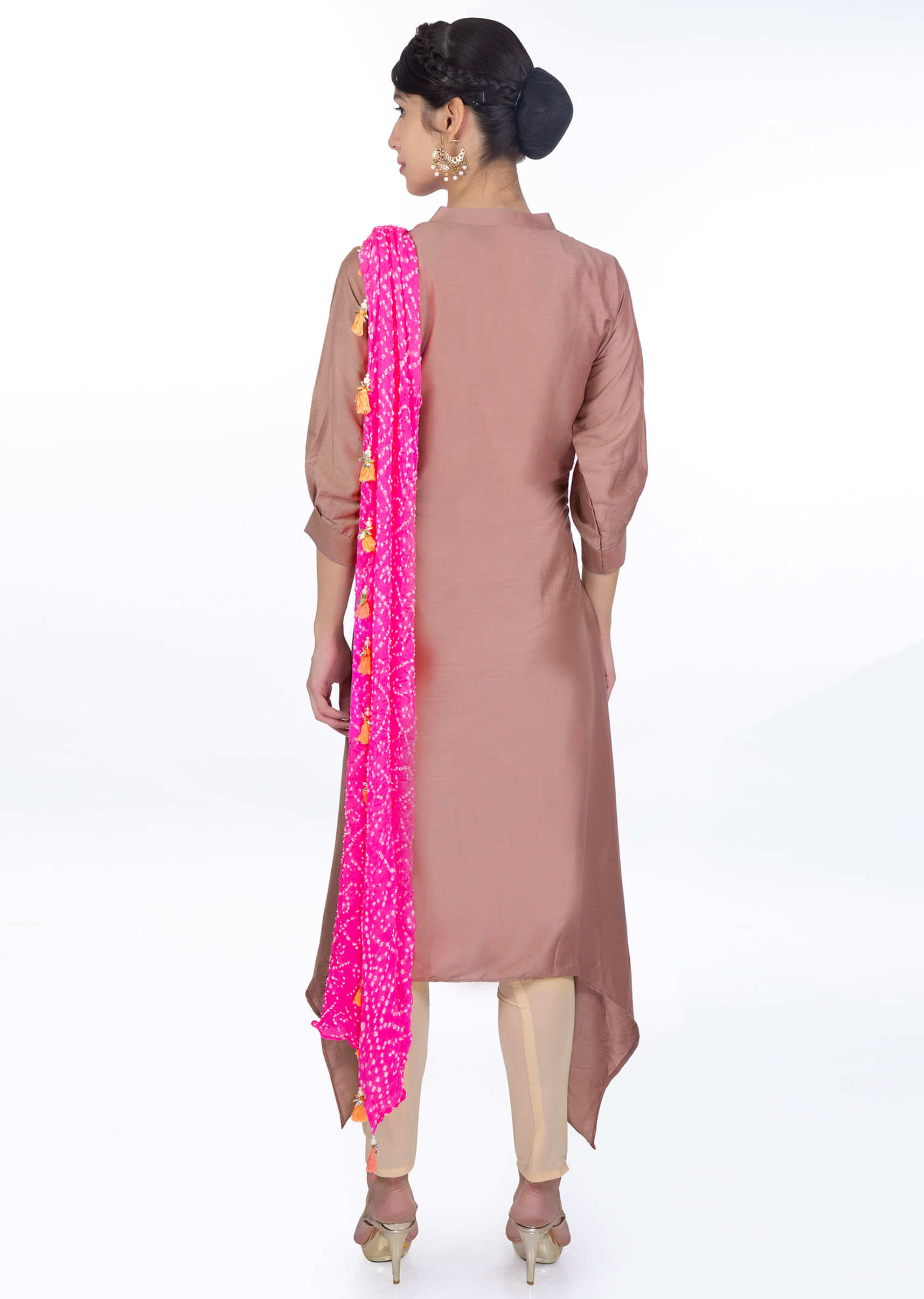 Tuscany brown kurti with a pre attached pink bandhani dupatta