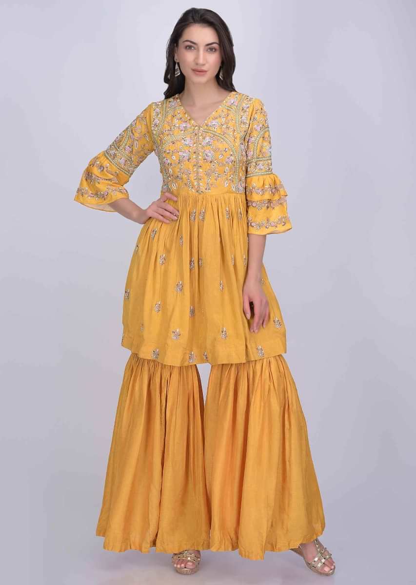 Mustard Sharara Suit Set In Raw Silk Online - Kalki Fashion