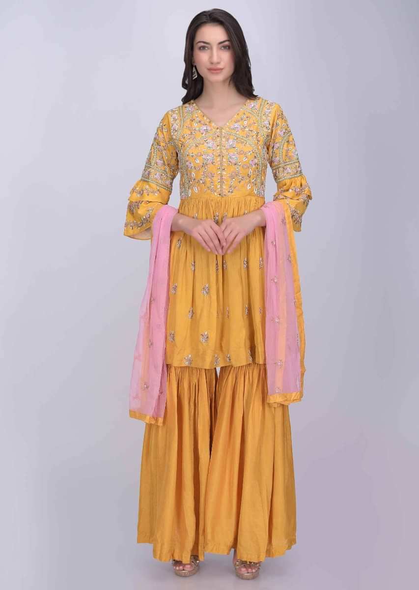 Mustard Sharara Suit Set In Raw Silk Online - Kalki Fashion