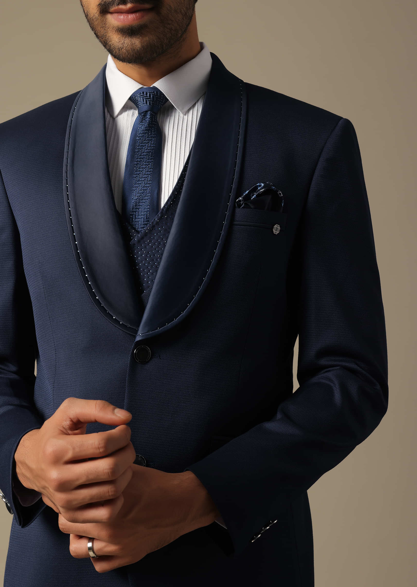 Tuxedo With Intricate Cut Work In Blue 