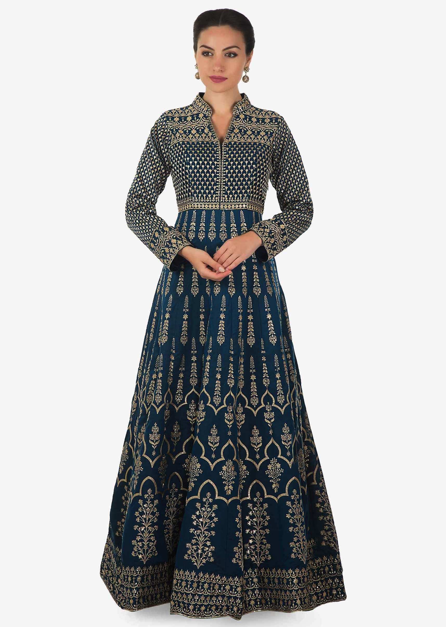Twilight blue anarkali suit in silk with resham embroidery all over only on Kalki