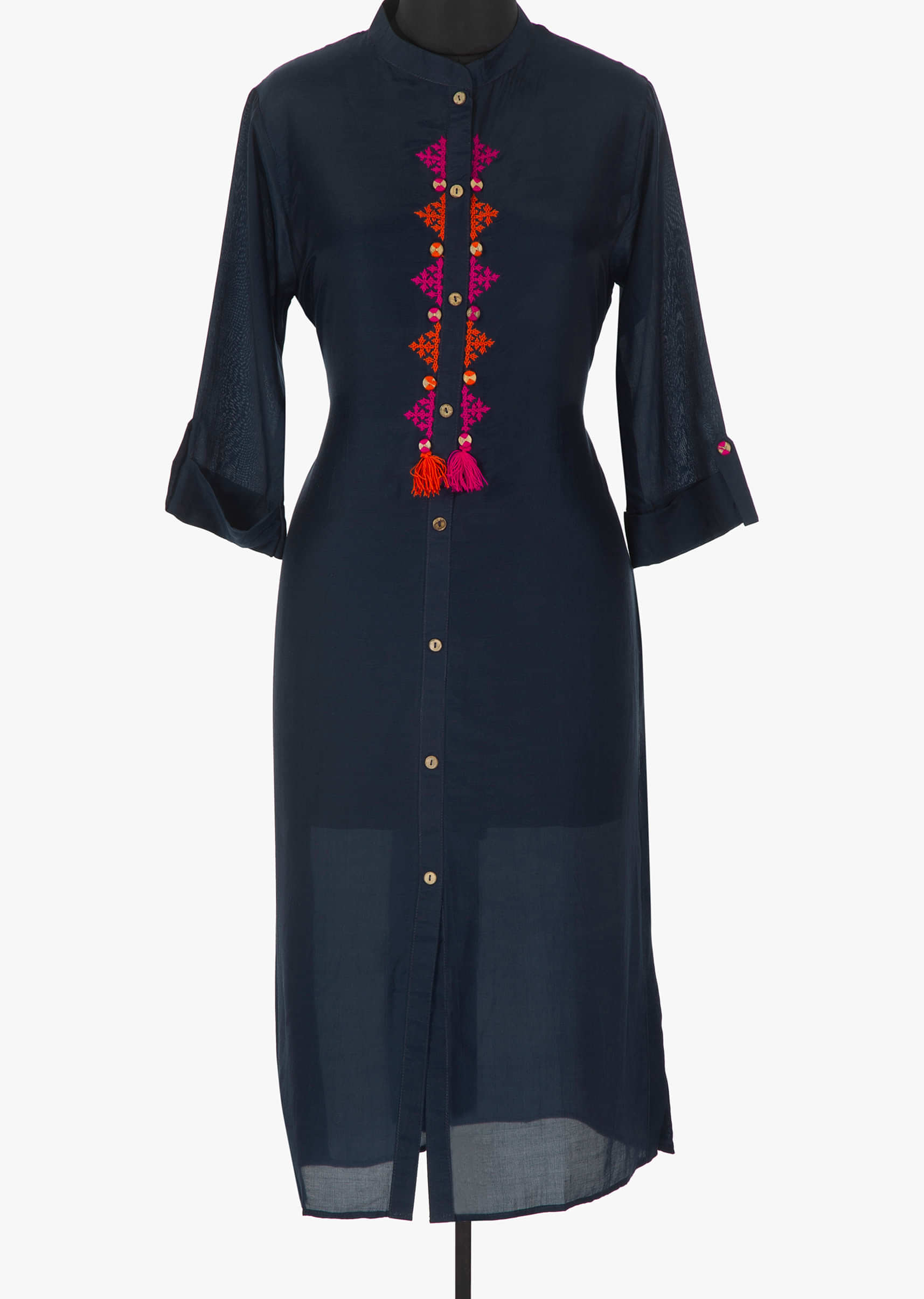 Twilight blue kurti in georgette with embroidered placket in thread only on Kalki