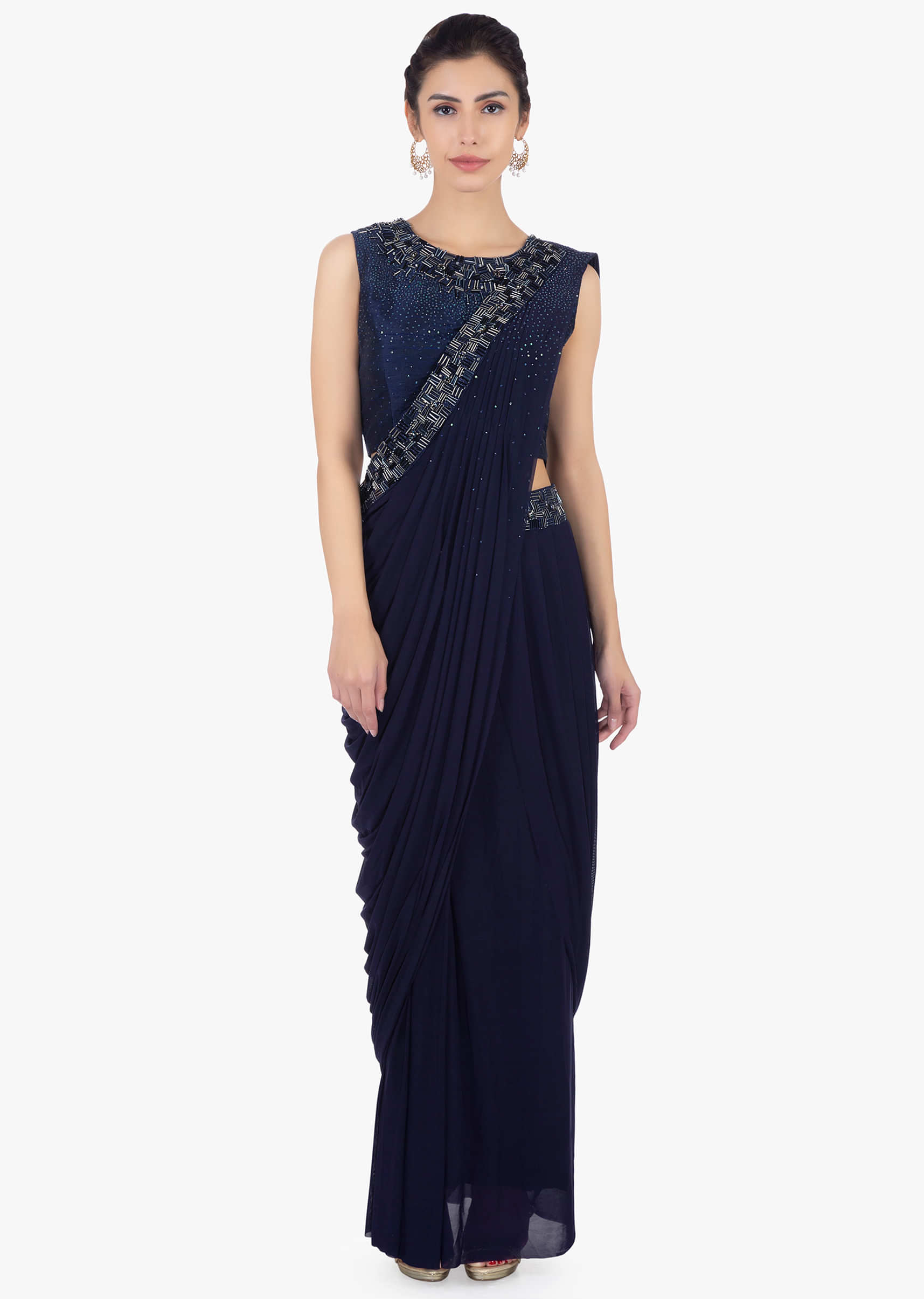 Twilight blue ready plated lycra saree skirt paired with matching  raw silk blouse